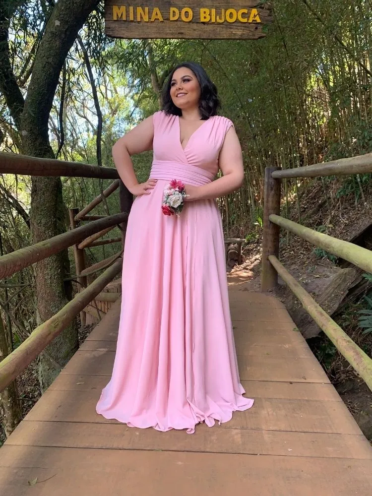 Vestido Longo crepe Alice Fan Rosa Bebê