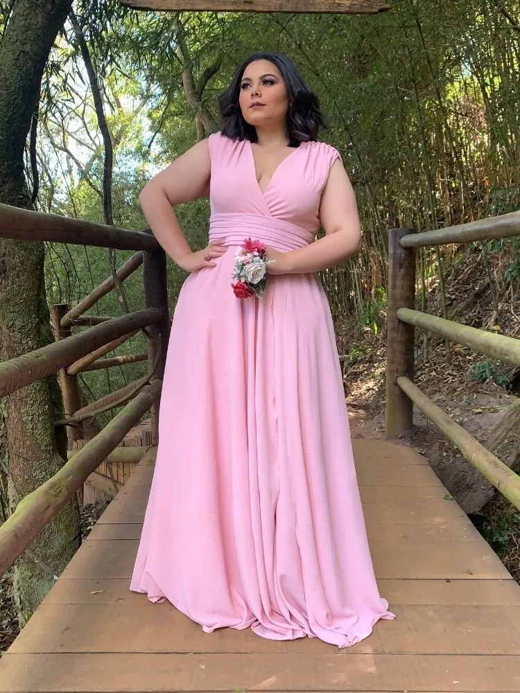 Vestido Longo crepe Alice Fan Rosa Bebê