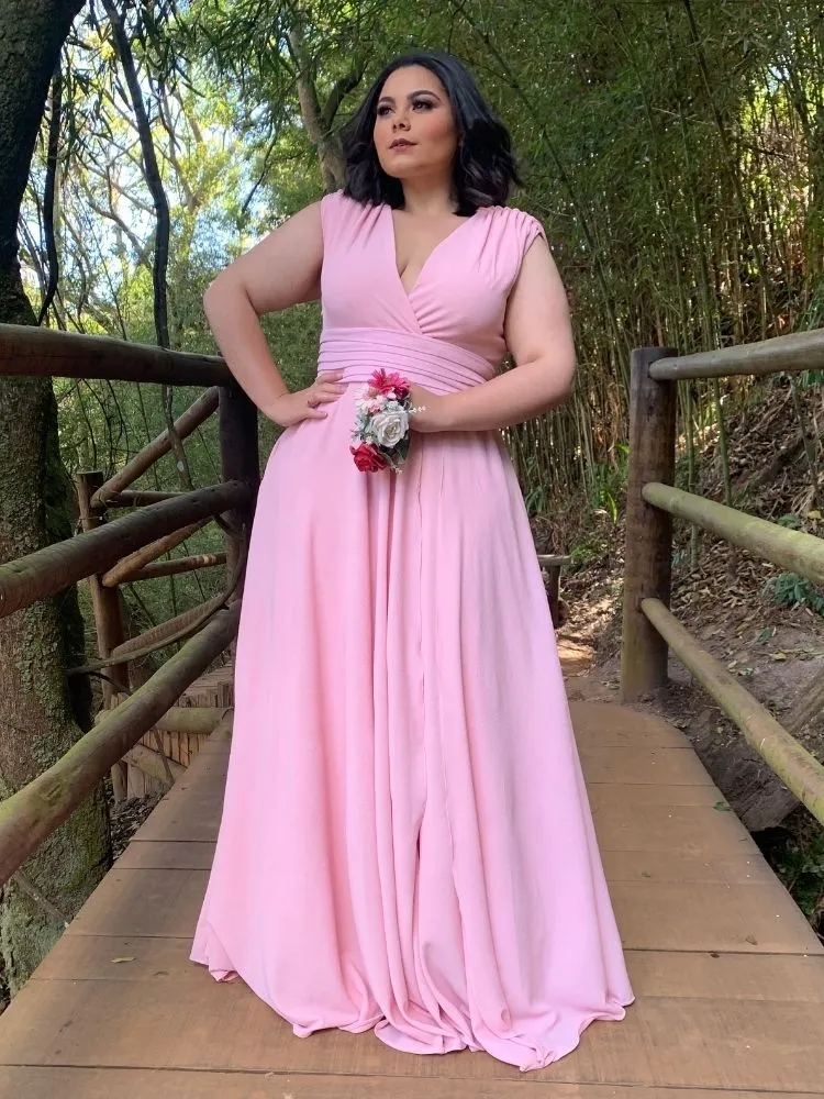 Vestido Longo crepe Alice Fan Rosa Bebê