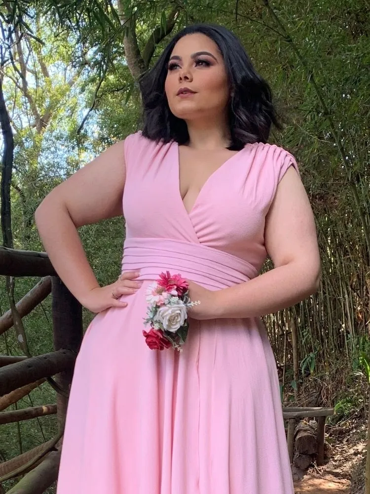 Vestido Longo crepe Alice Fan Rosa Bebê