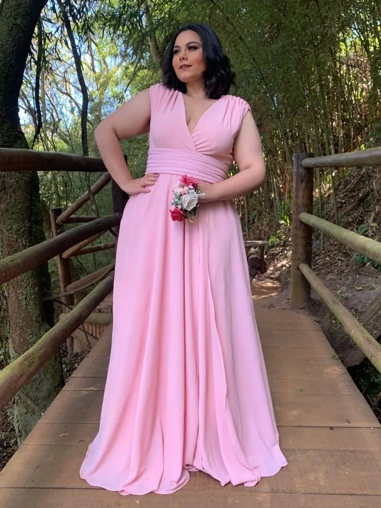 Vestido Longo crepe Alice Fan Rosa Bebê