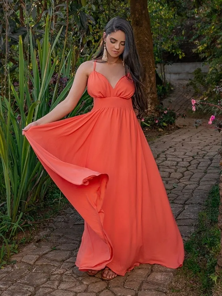 Vestido Longo Coral Madrinha de Casamento Mariane