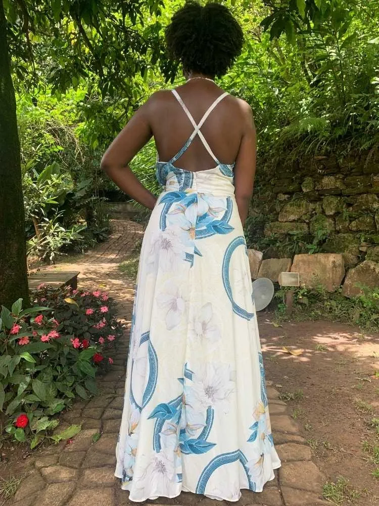 Vestido Longo Estampado Mandala Azul Perfect