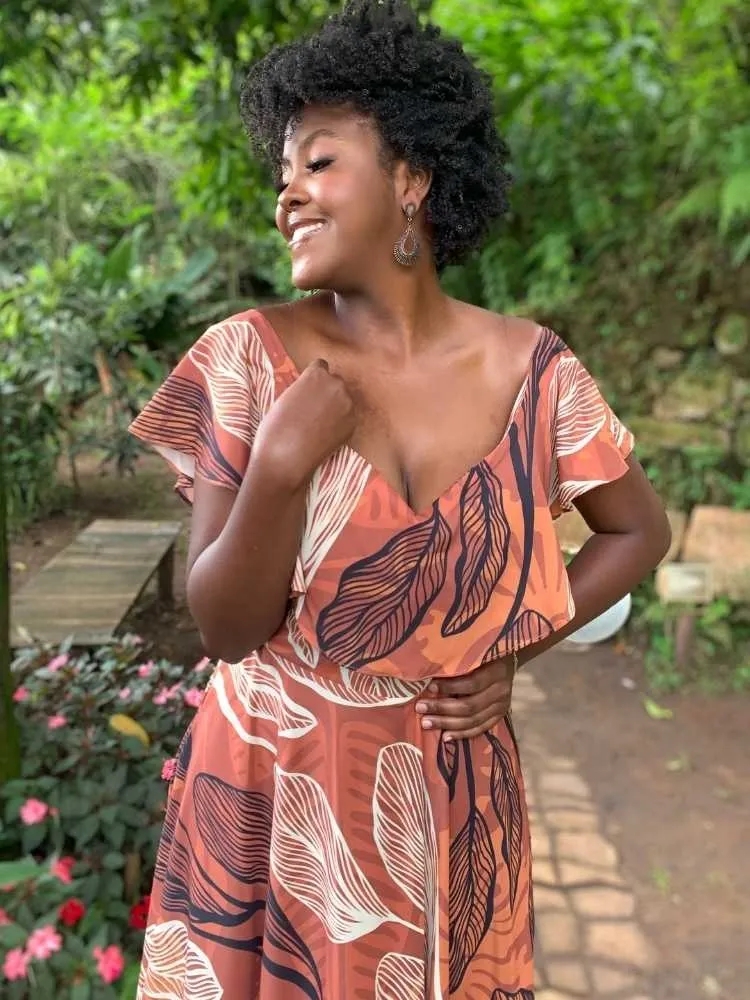 Vestido Longo Terracota Estampado Sara