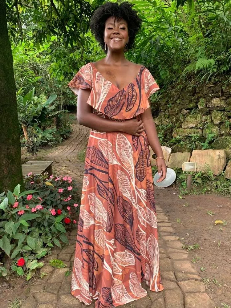 Vestido Longo Terracota Estampado Sara