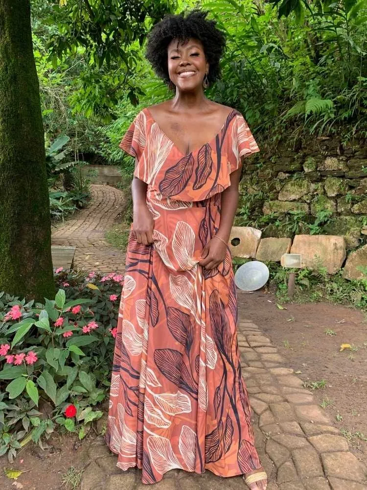 Vestido Longo Terracota Estampado Sara