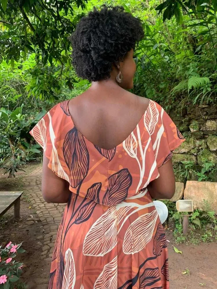 Vestido Longo Terracota Estampado Sara
