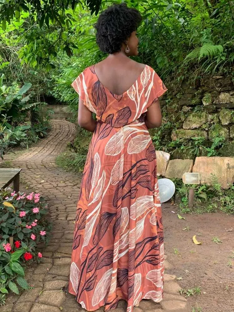 Vestido Longo Terracota Estampado Sara