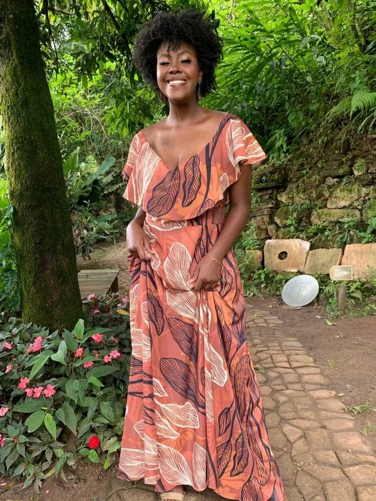 Vestido Longo Terracota Estampado Sara
