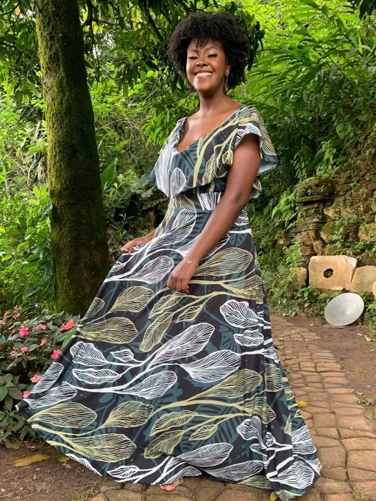 Vestido Longo Verde Esmeralda Estampado Sara