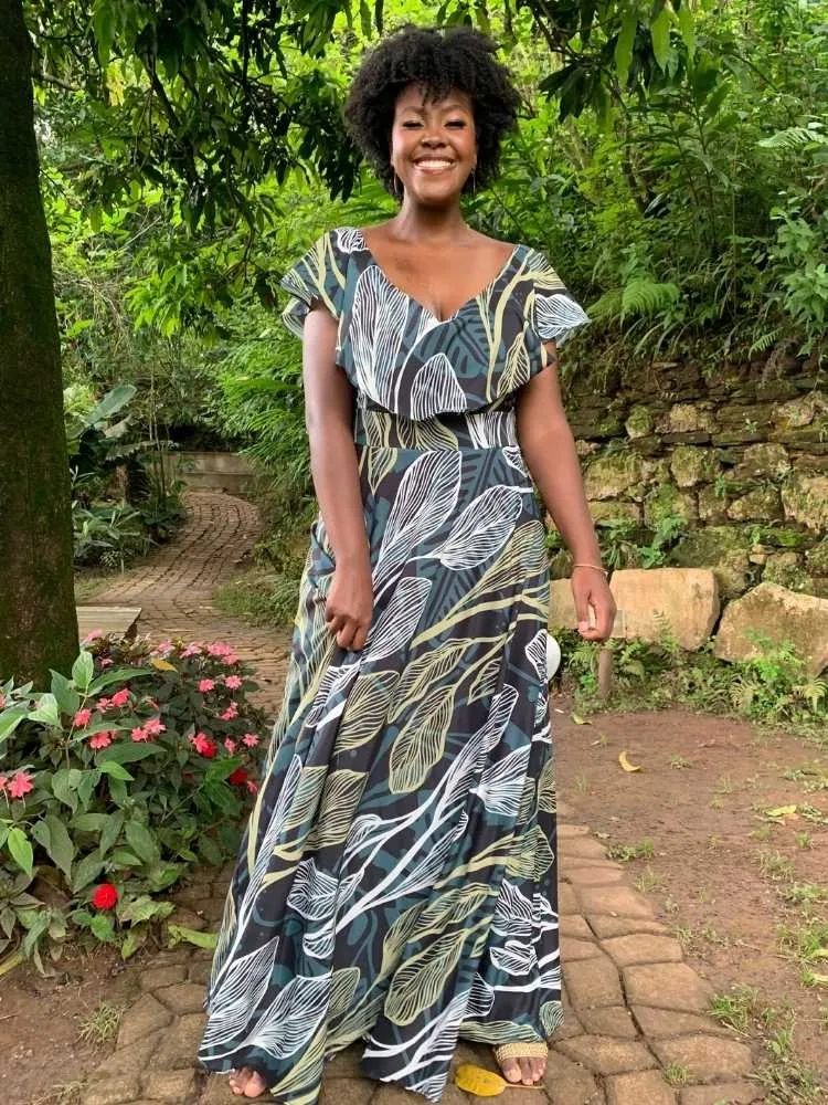 Vestido Longo Verde Esmeralda Estampado Sara