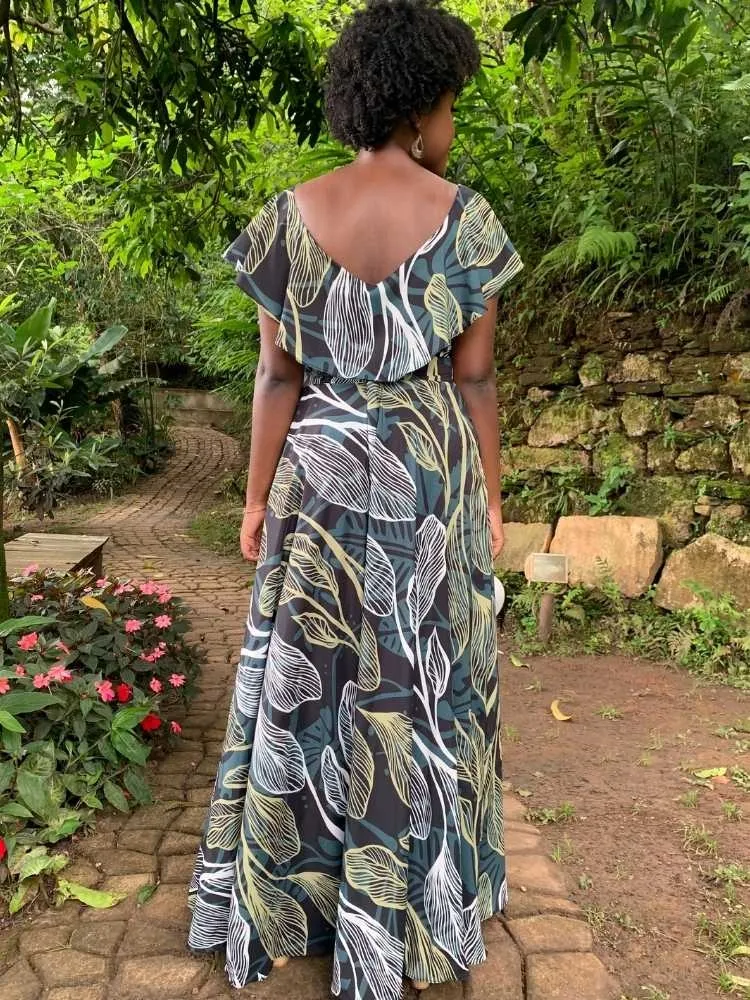 Vestido Longo Verde Esmeralda Estampado Sara
