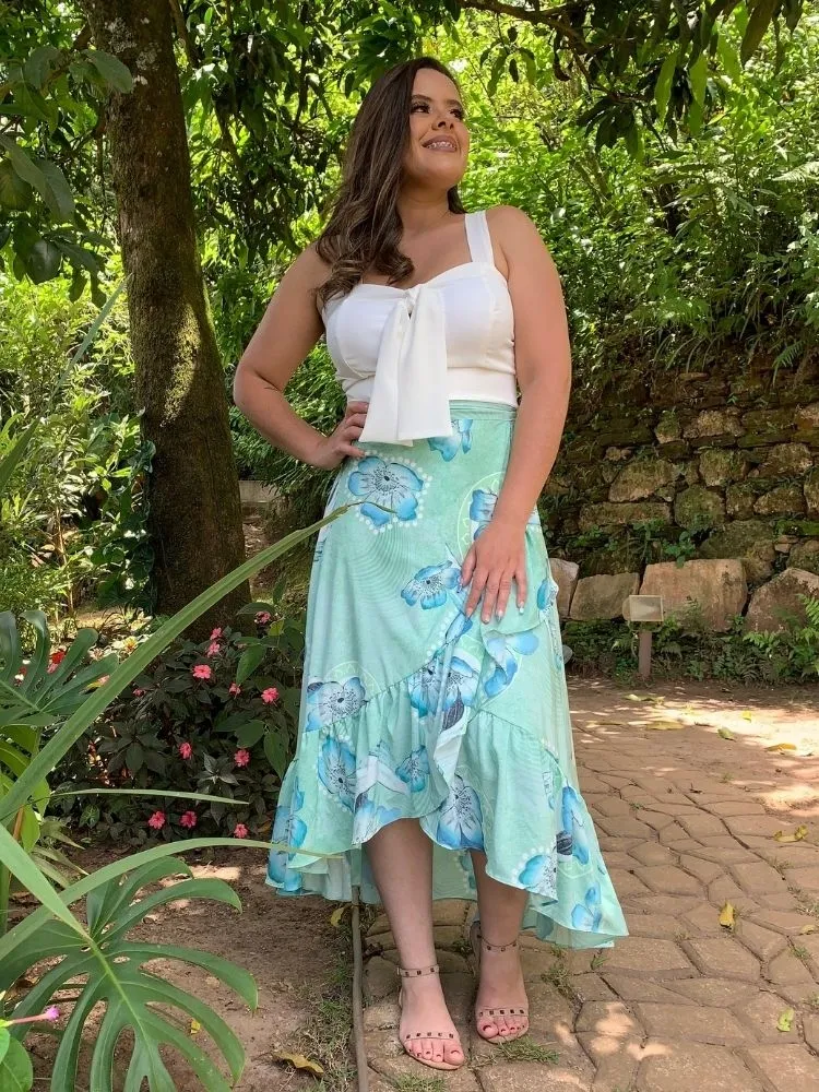 Conjunto Cropped Branco e Saia Envelope Floral