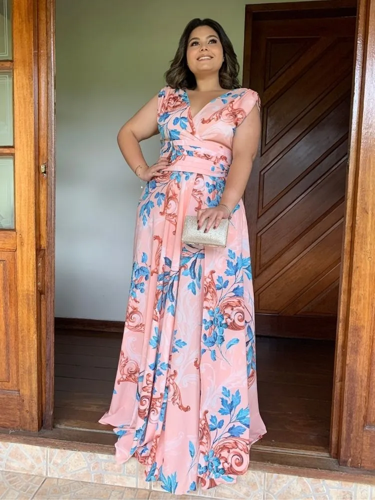 Vestido Madrinha Casamento Alice Fan Estampado Salmão