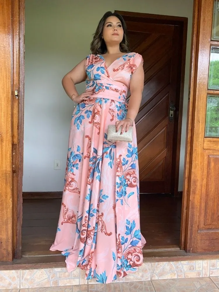 Vestido Madrinha Casamento Alice Fan Estampado Salmão