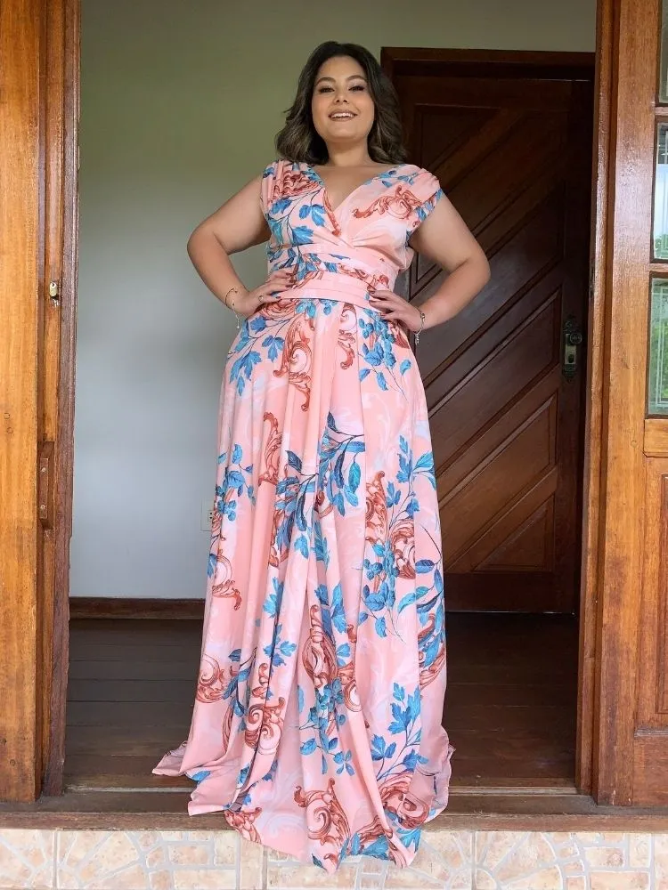 Vestido Madrinha Casamento Alice Fan Estampado Salmão