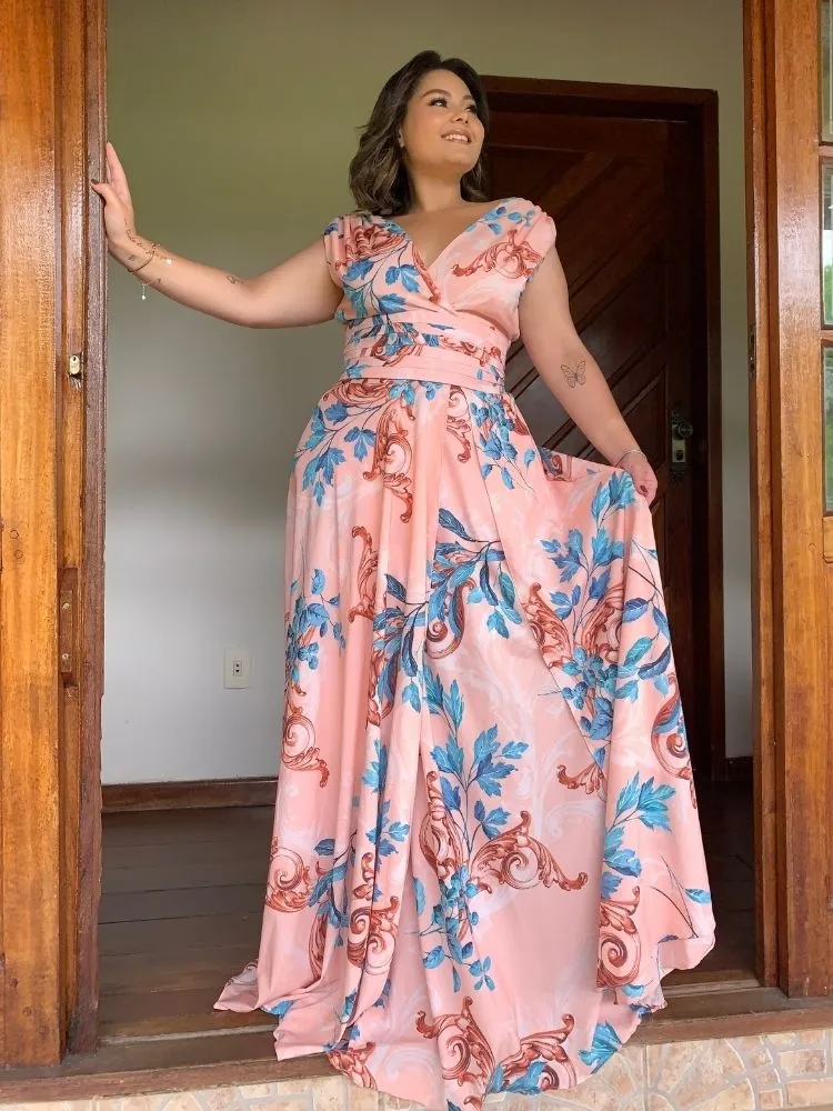 Vestido Madrinha Casamento Alice Fan Estampado Salmão