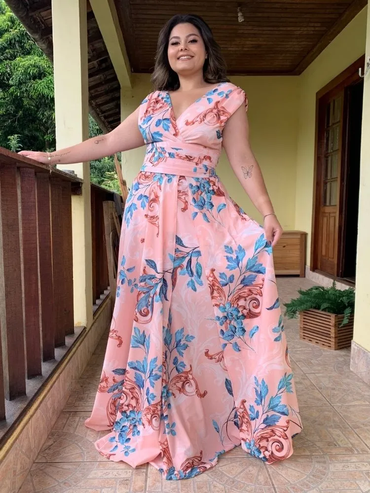 Vestido Madrinha Casamento Alice Fan Estampado Salmão
