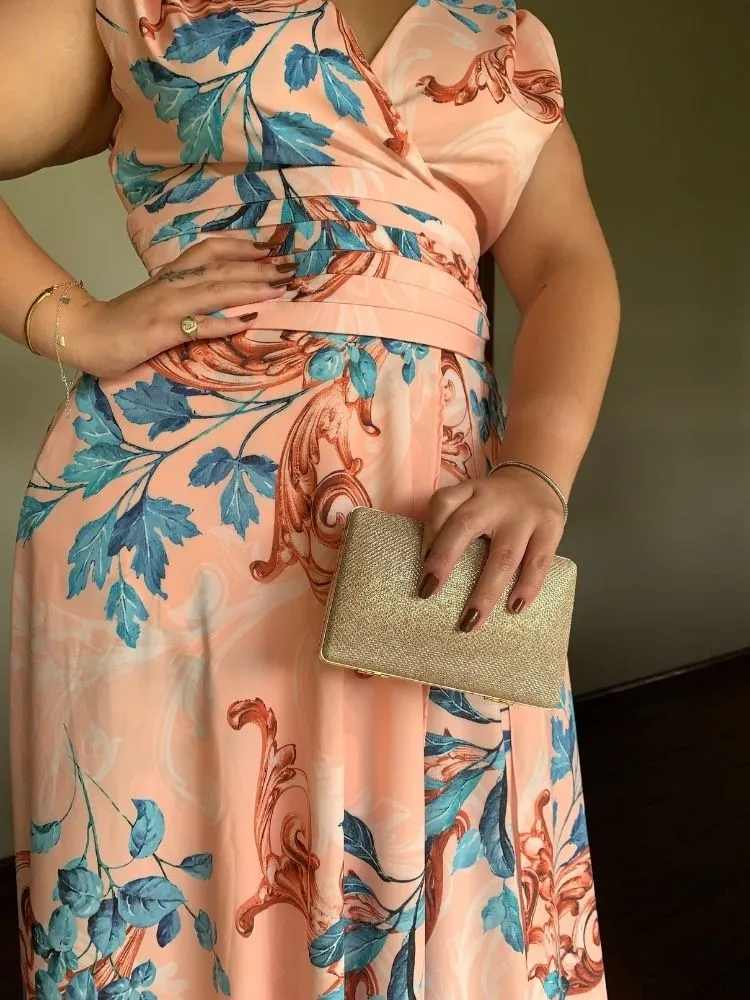 Vestido Madrinha Casamento Alice Fan Estampado Salmão