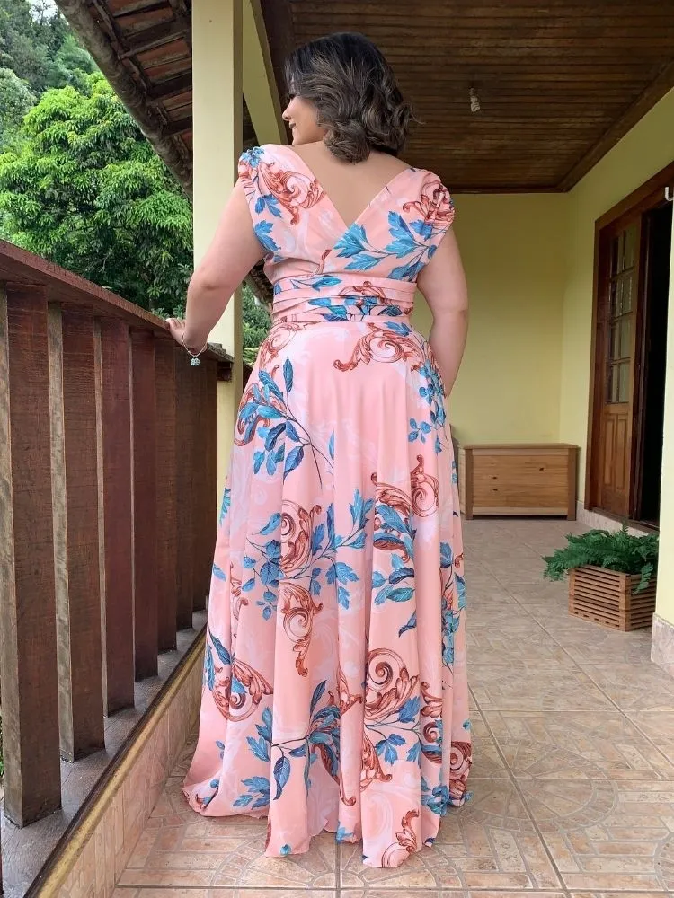 Vestido Madrinha Casamento Alice Fan Estampado Salmão