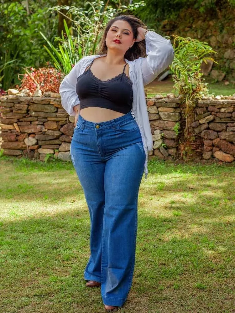 Calça Feminina Wide Leg Pantalona Azul Muito Mais Jeans