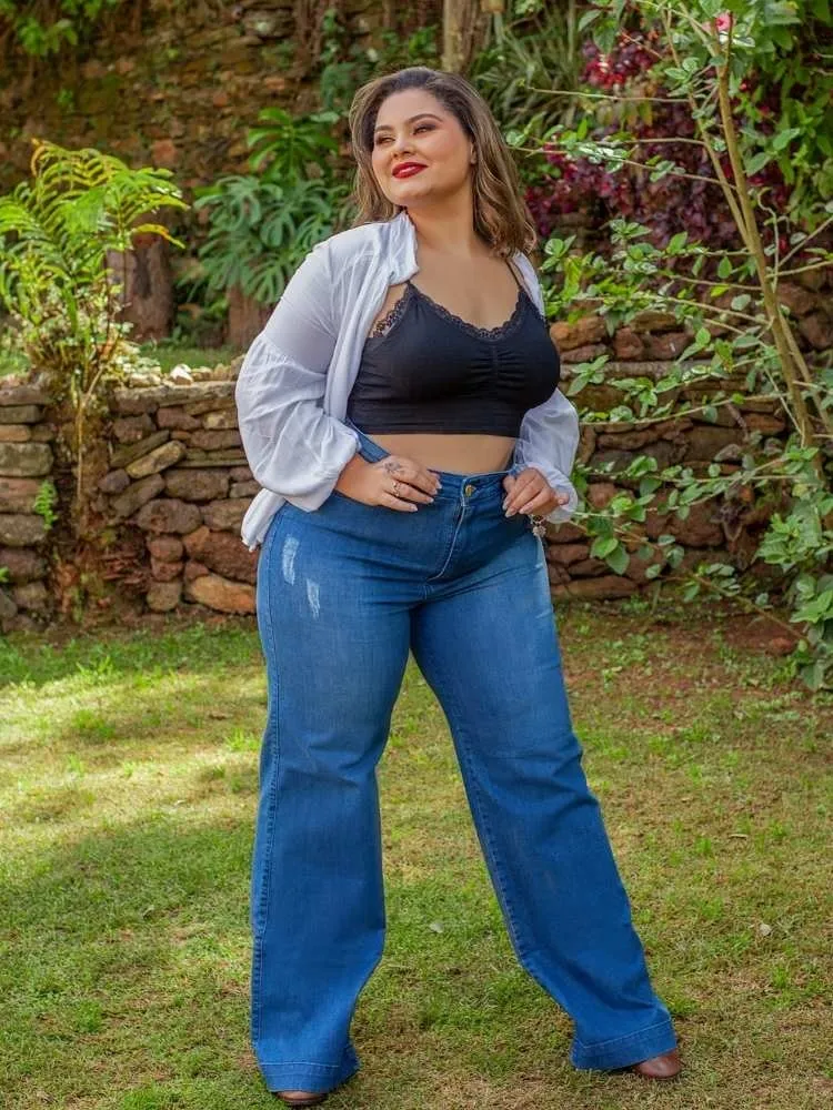 Calça Feminina Wide Leg Pantalona Azul Muito Mais Jeans