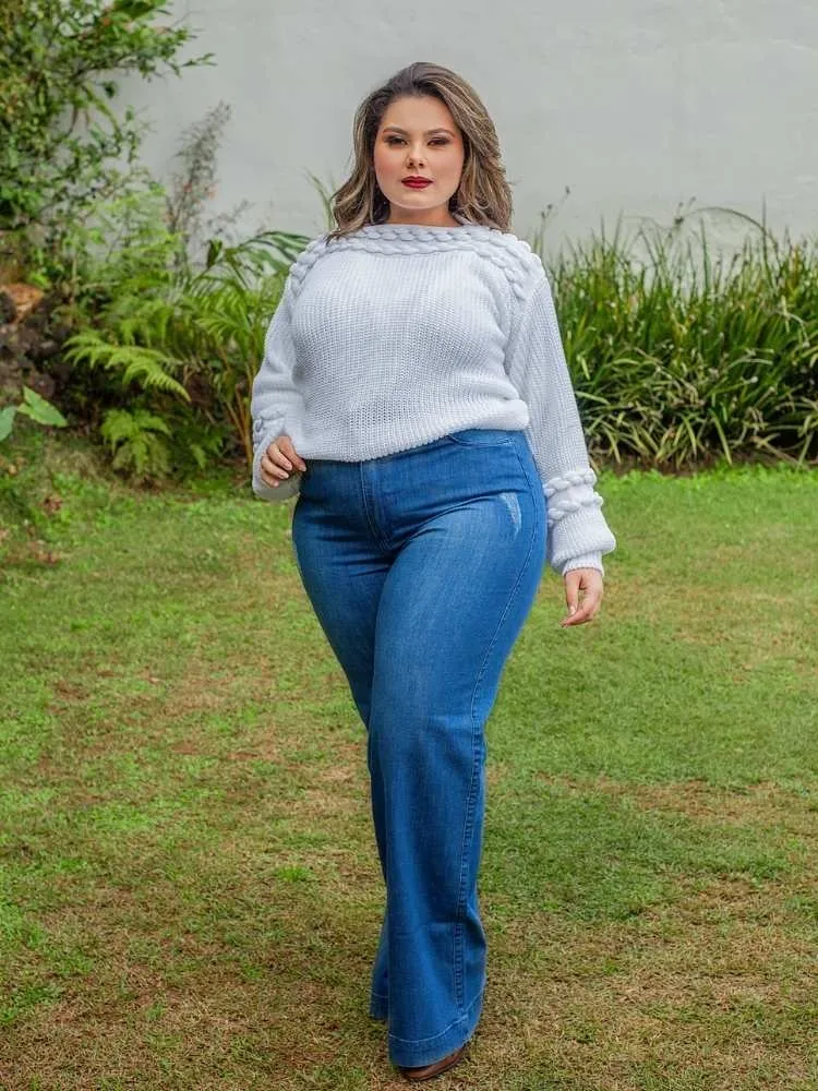 Calça Feminina Wide Leg Pantalona Azul Muito Mais Jeans