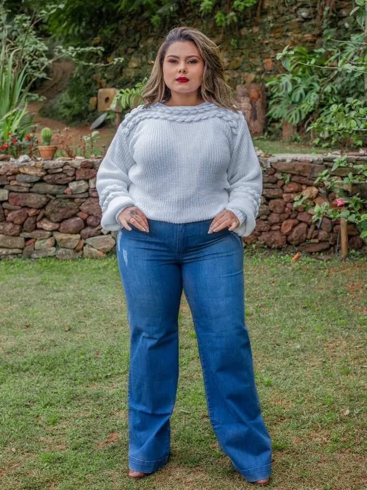 Calça Feminina Wide Leg Pantalona Azul Muito Mais Jeans