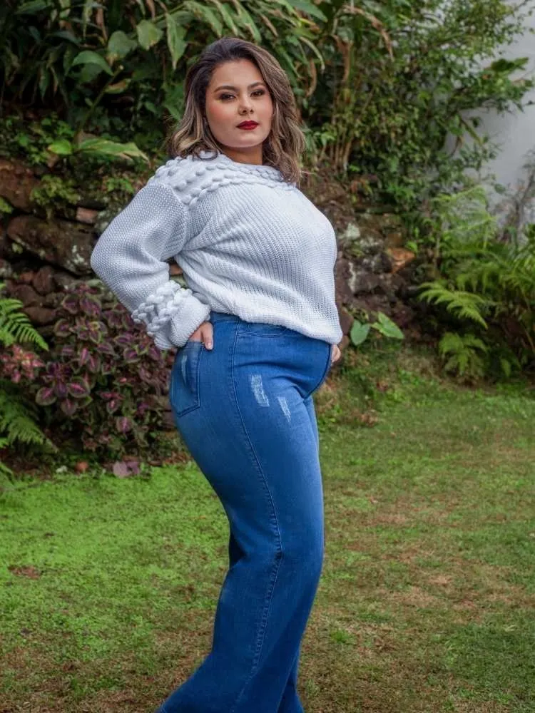 Calça Feminina Wide Leg Pantalona Azul Muito Mais Jeans