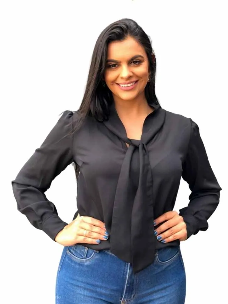 Blusa de gola laço de manga comprida 