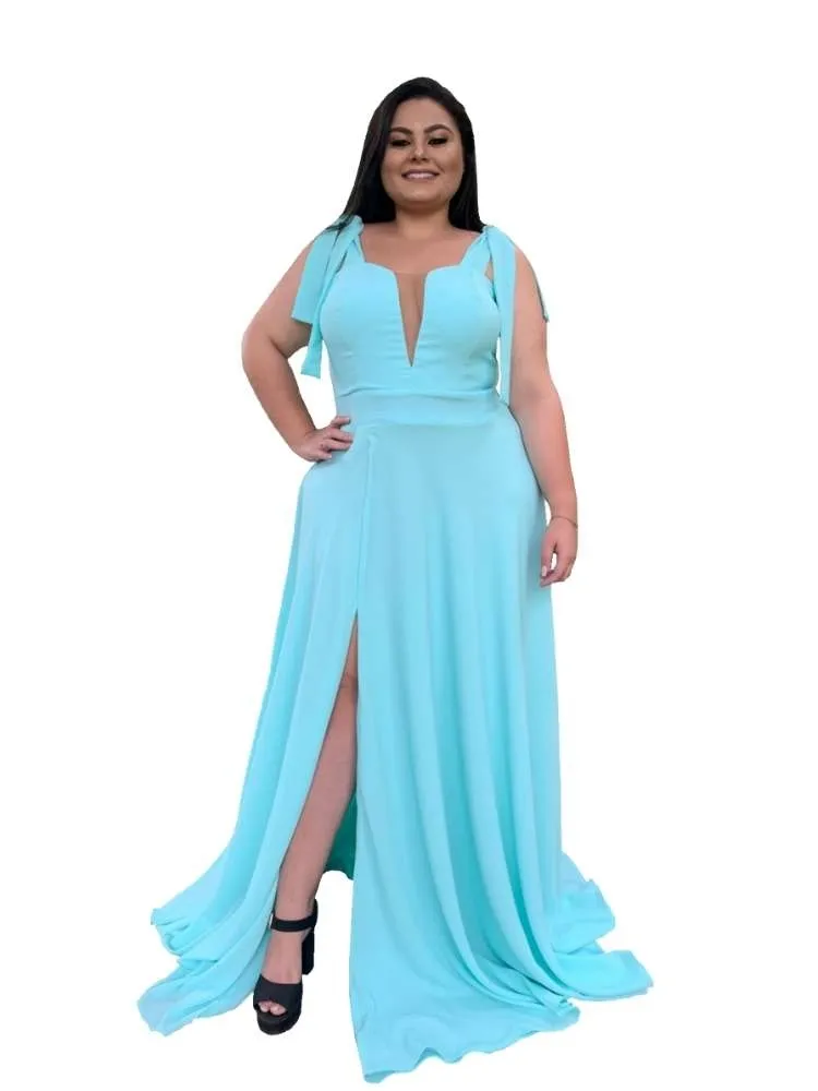 Vestido Madrinha de Casamento  Verde Tiffany com decote Ana Julia 