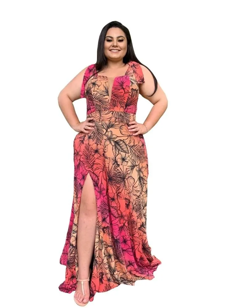Vestido Madrinha de Casamento Estampado com decote Ana Julia 
