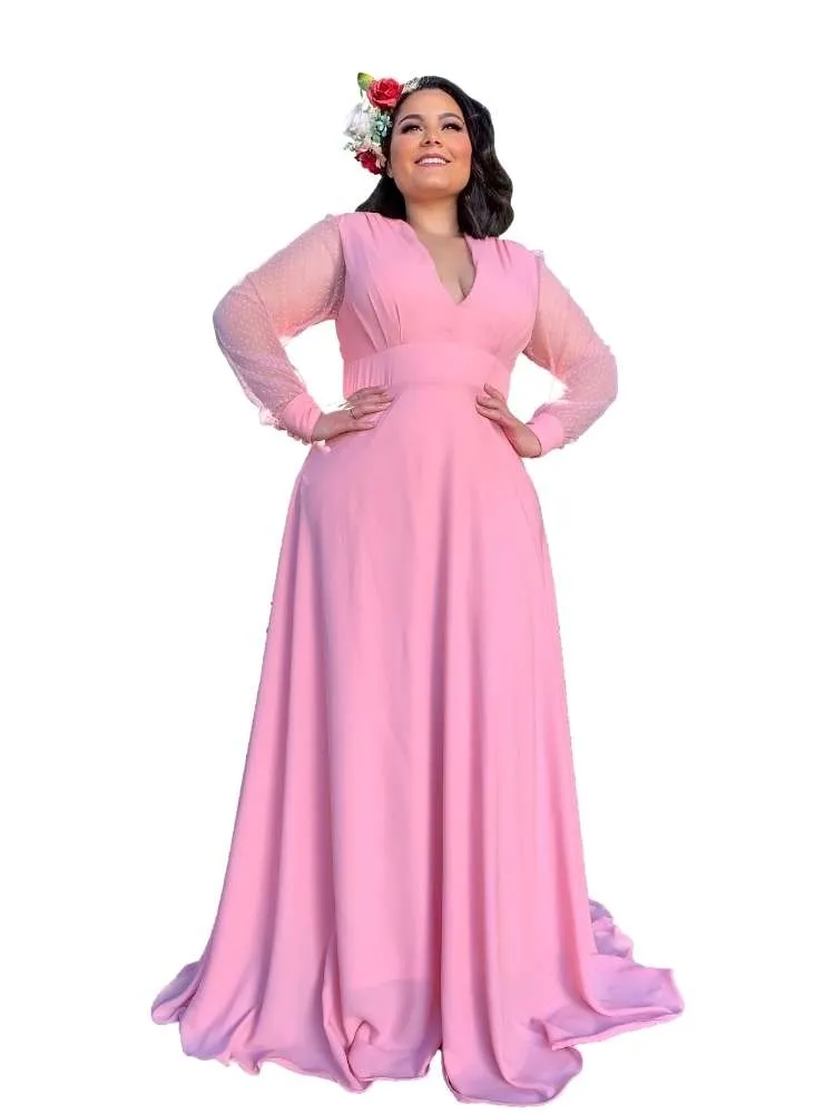 Vestido Longo de Festa Caroline Rosa Chiclete