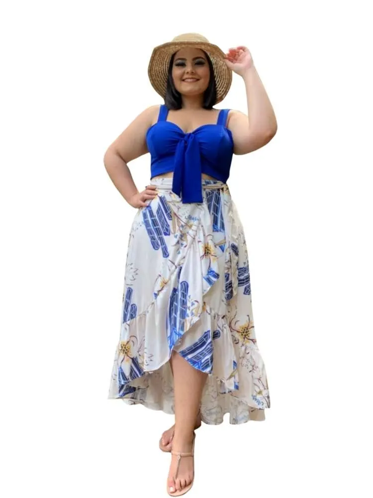 Conjunto Cropped Azul Royal + Saia Envelope