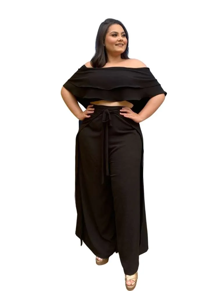 Conjunto Cropped Ciganinha Preto e Calça Envelope