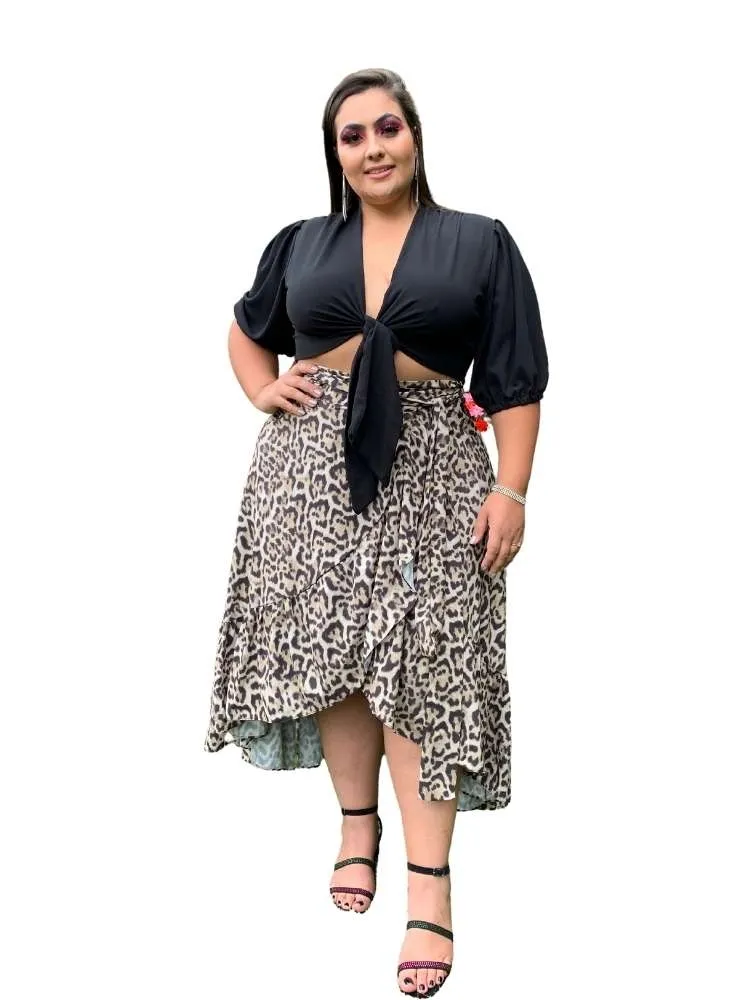 Cropped Manga Bufante e Saia Envelope Babado Animal Print