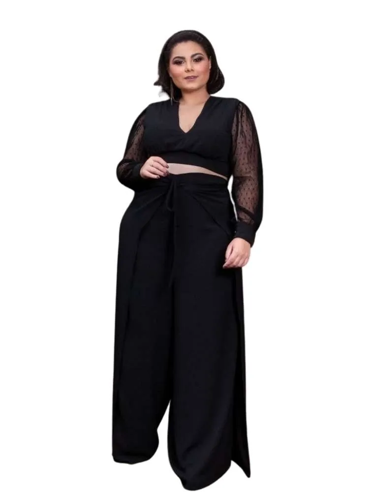 Conjunto Cropped Manga Tule de Poá e Calça Envelope Preta