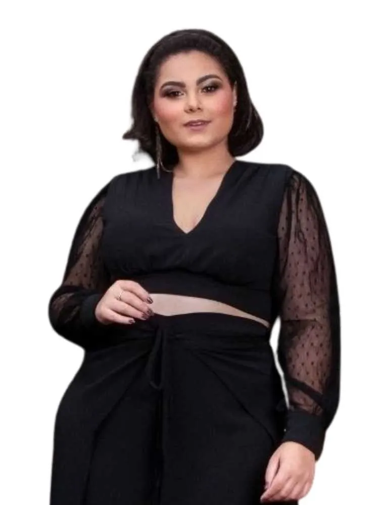 Cropped Manga Tule De Poá Preto
