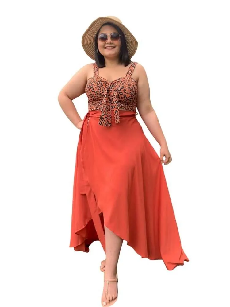 Conjunto Cropped Animal Print e Saia Envelope Redonda Coral