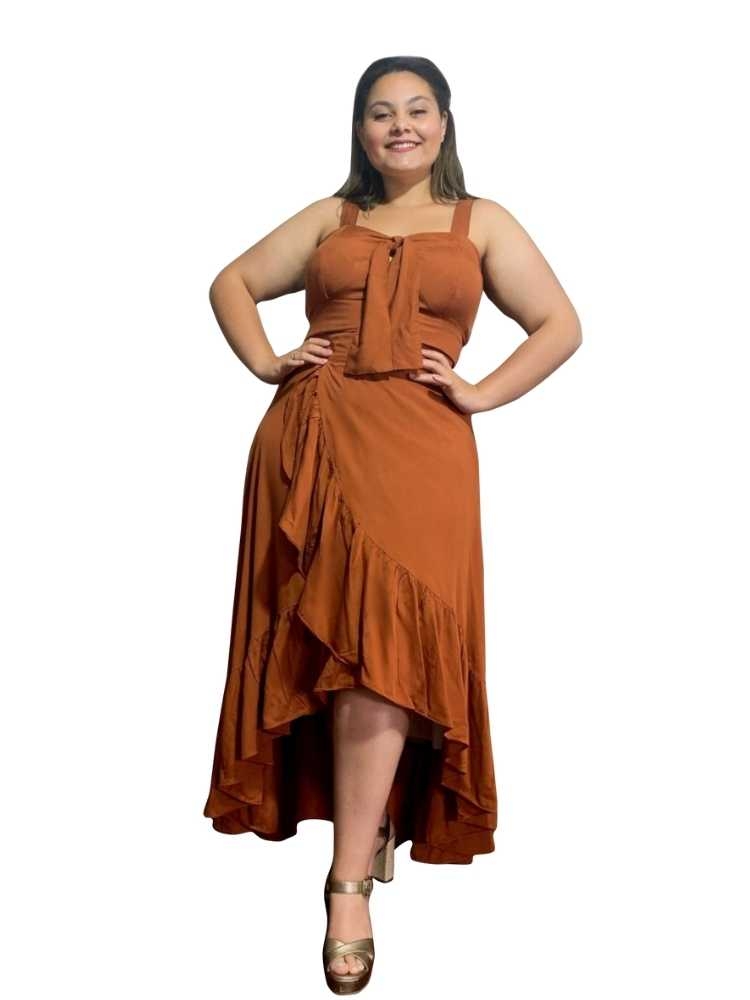 Conjunto Cropped Terracota e Saia Envelope