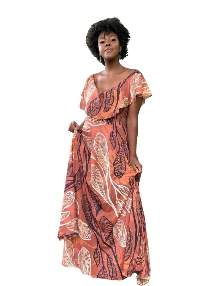 Vestido Longo Terracota Estampado Sara