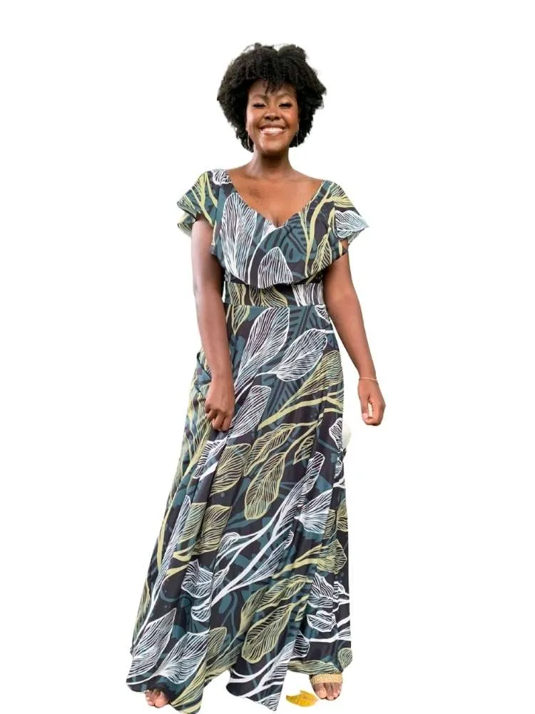 Vestido Longo Verde Esmeralda Estampado Sara