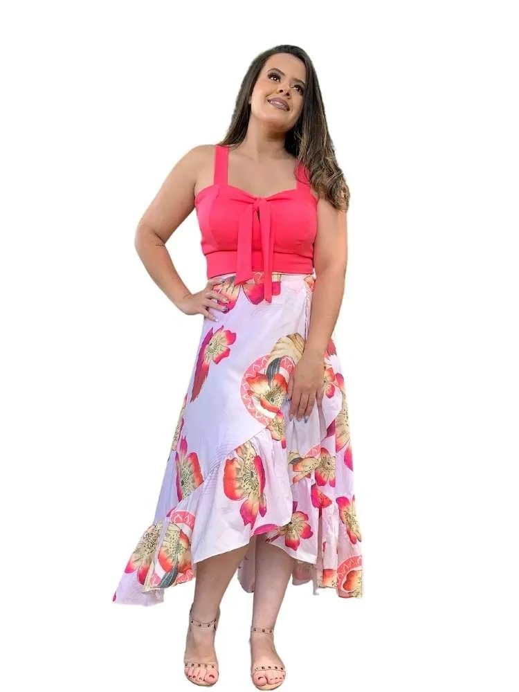 Conjunto Cropped Salmão e Saia Envelope