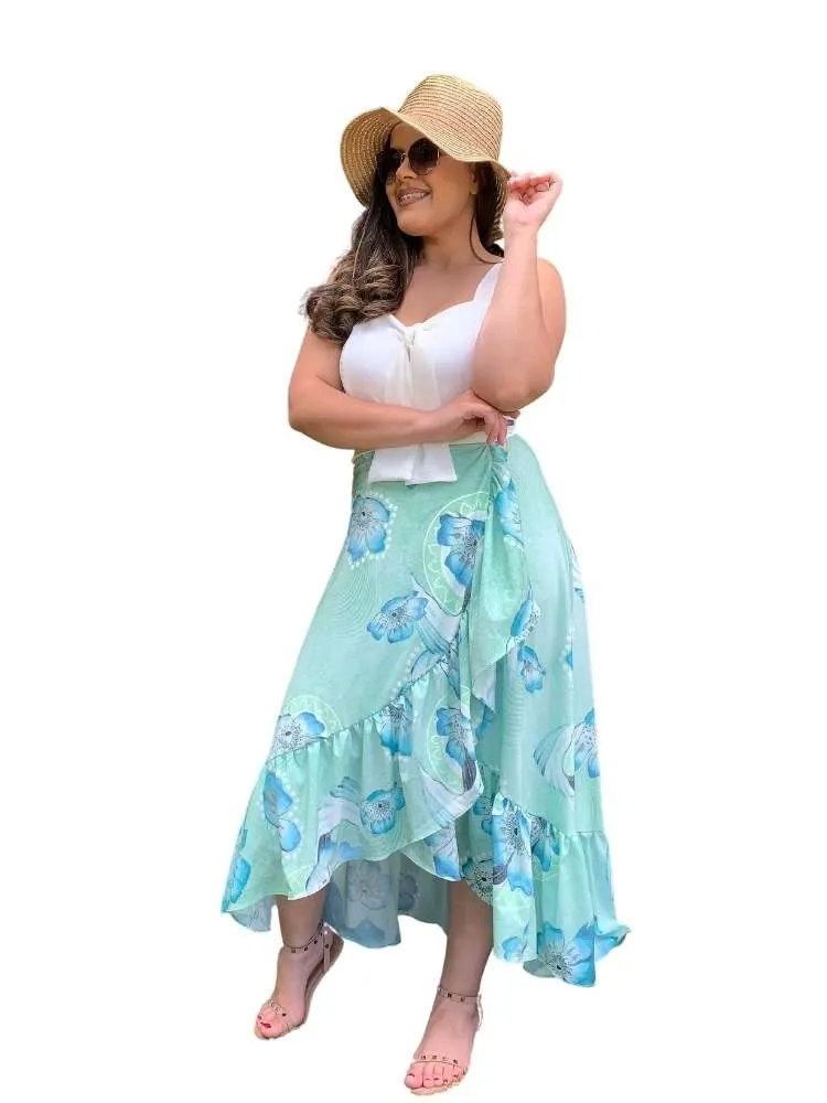 Conjunto Cropped Branco e Saia Envelope Floral