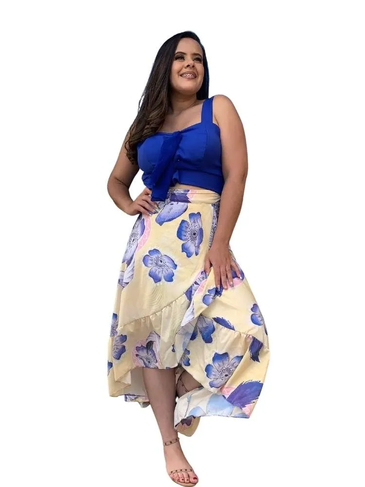 Conjunto Cropped Azul Royal e Saia Envelope Floral