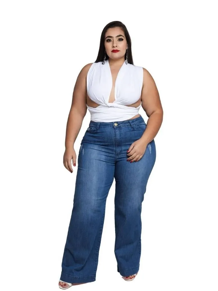 Calça Jeans Feminina Wide Leg Pantalona Azul