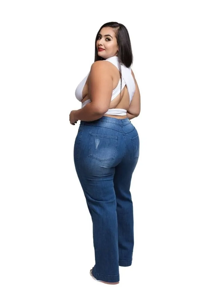 Calça Jeans Feminina Wide Leg Pantalona Azul