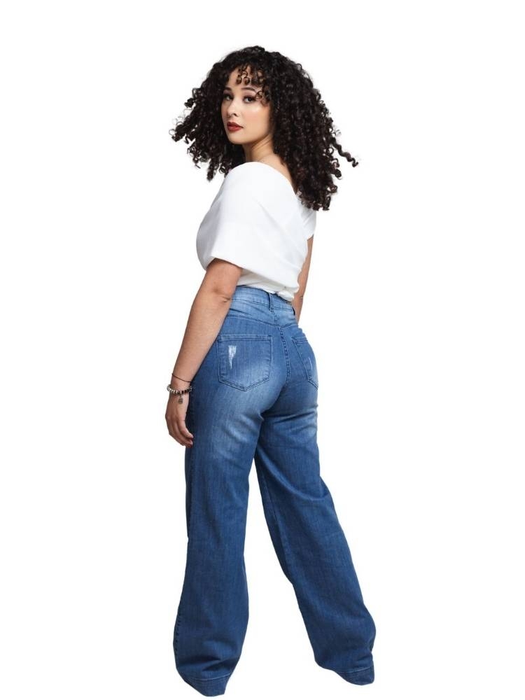 Calça Jeans Feminina Wide Leg Pantalona Azul