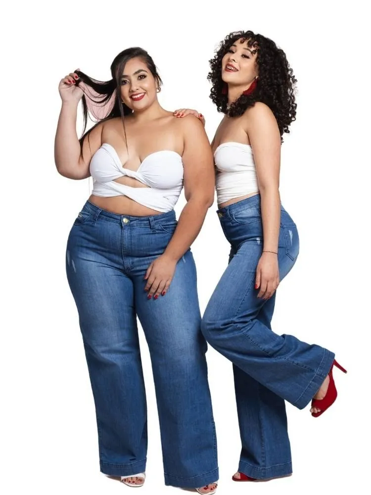 Calça Jeans Feminina Wide Leg Pantalona Azul
