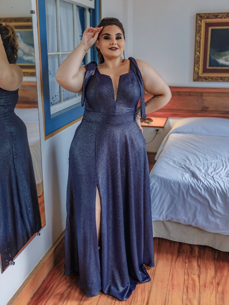 Vestido Longo de Festa Azul Marinho Brilhante Ana Júlia